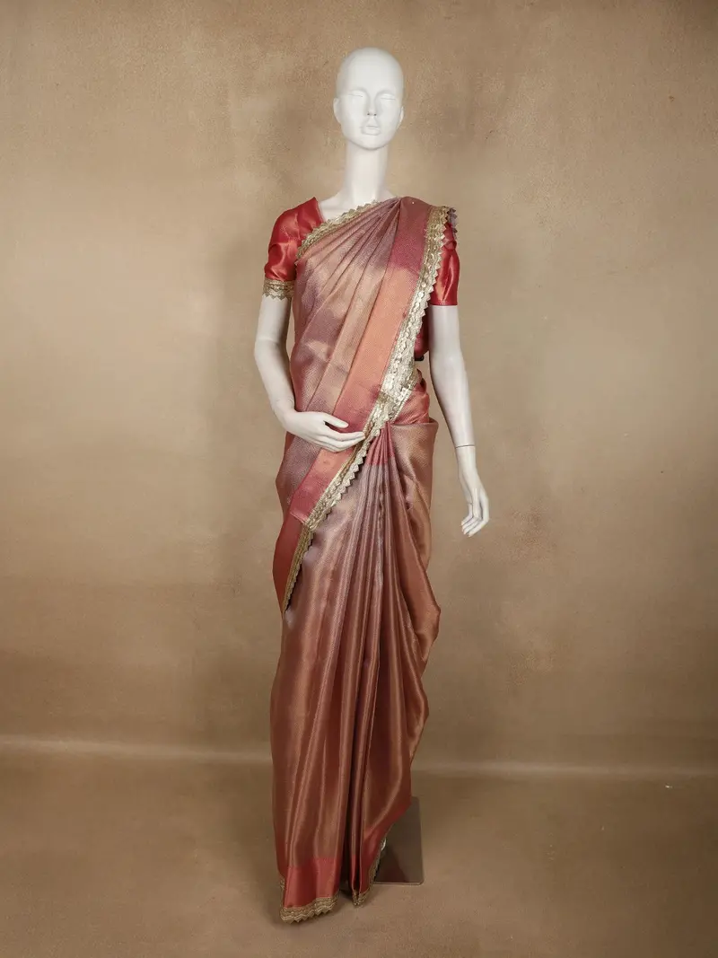 Warm Rose Copper Geometric Zari Woven Design Tissue Designer Saree With Sequins Border 1