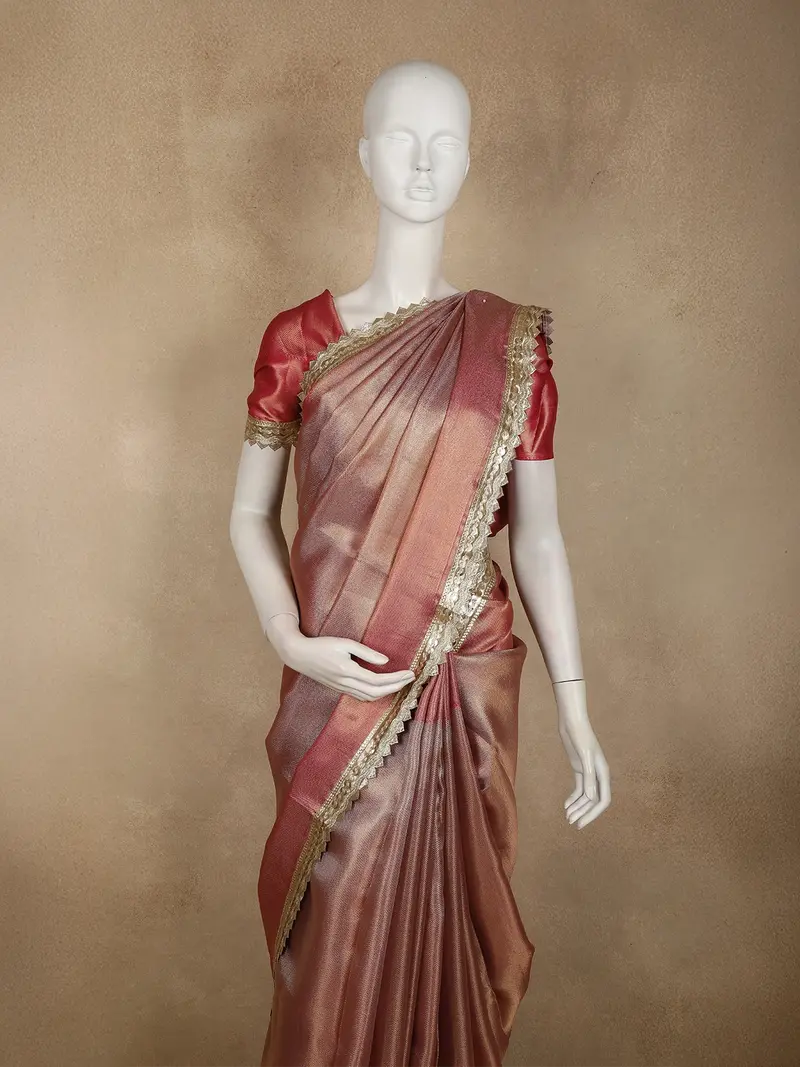 Warm Rose Copper Geometric Zari Woven Design Tissue Designer Saree With Sequins Border 2