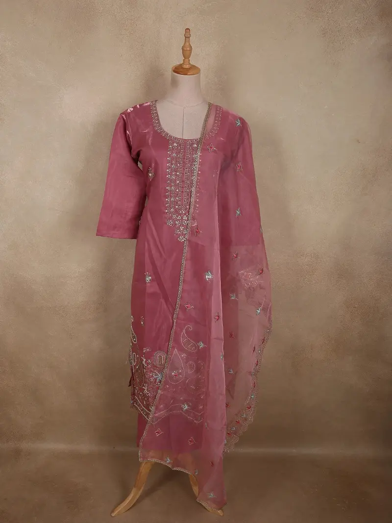 Warm Rosewood Pink Floral Sequins And Beads Embroidered Design Organza Salwar Suit 1
