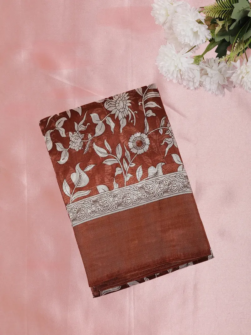 Warm Rust Brown Floral Printed Design Mixed Cotton Saree 1