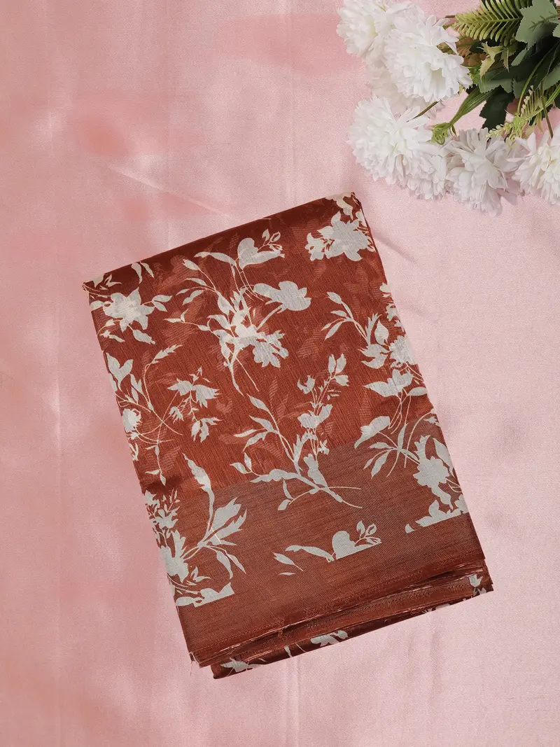 Warm Rust Brown Leaf Printed Design Mixed Cotton Saree 1