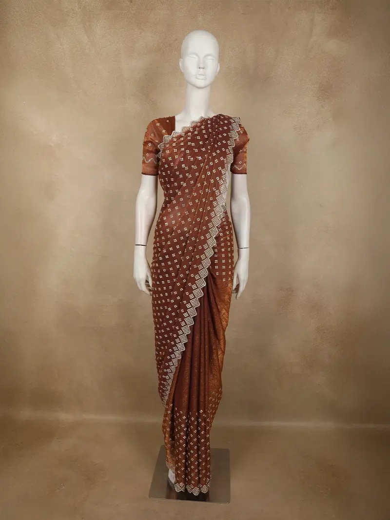 Warm Rust Copper Brown Stone Embellished Design Space Silk Party Wear Saree With Scalloped Border 1