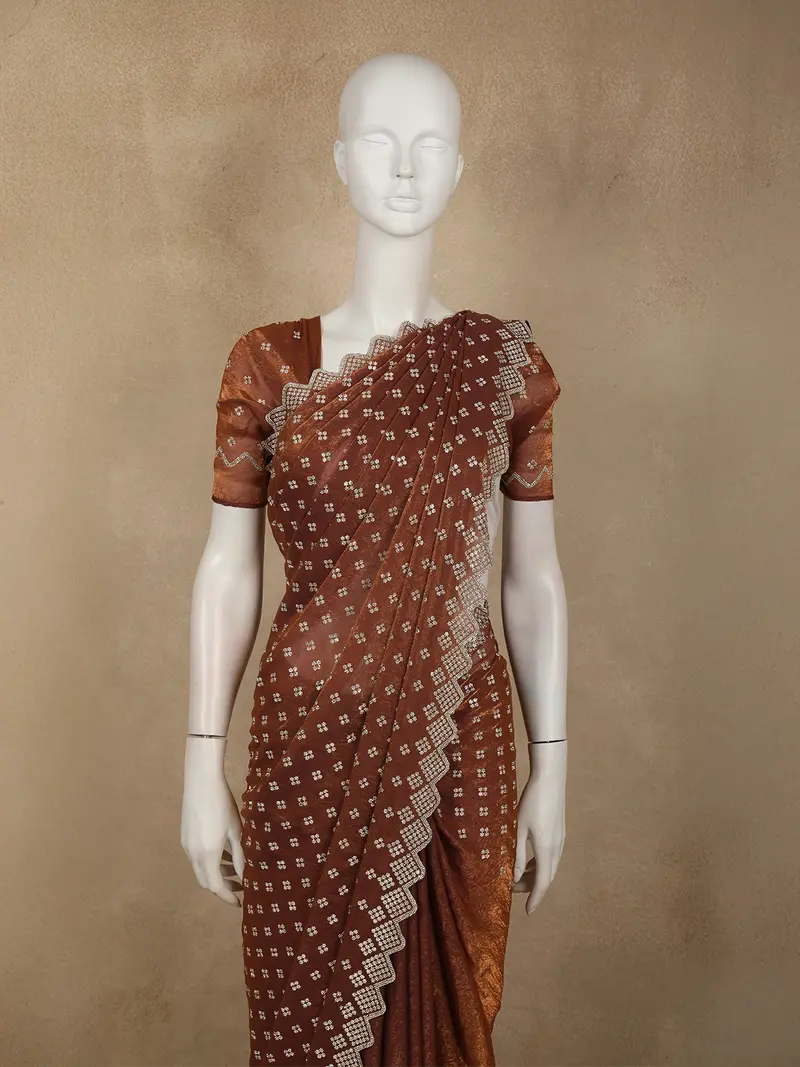 Warm Rust Copper Brown Stone Embellished Design Space Silk Party Wear Saree With Scalloped Border 2