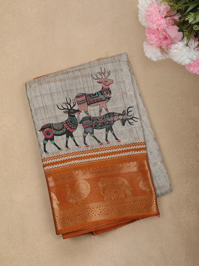 Warm Yellow Deer Motif Printed Design Crepe Saree With Animal Motif Zari Border 1