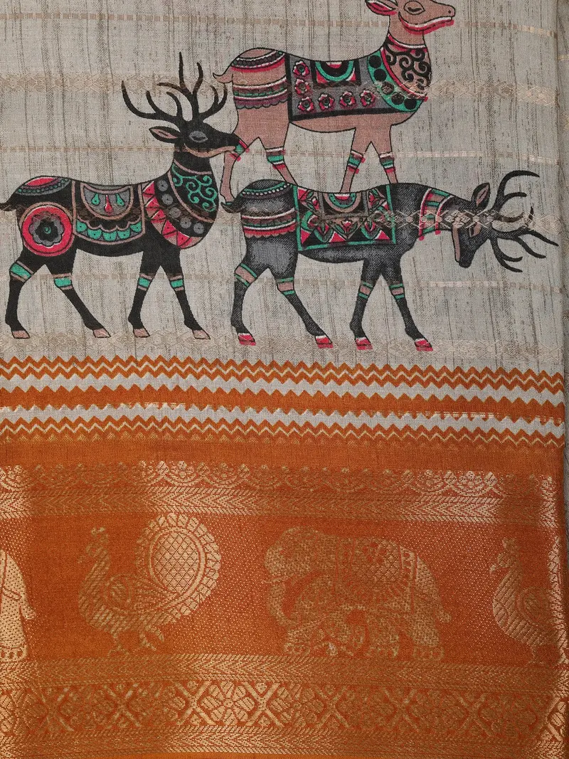 Warm Yellow Deer Motif Printed Design Crepe Saree With Animal Motif Zari Border 2