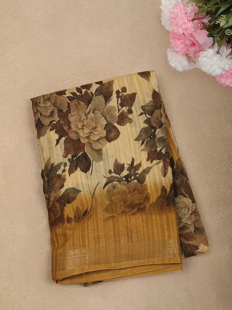 Warm Yellow Floral Printed Design Linen Cotton Casual Wear Saree 1