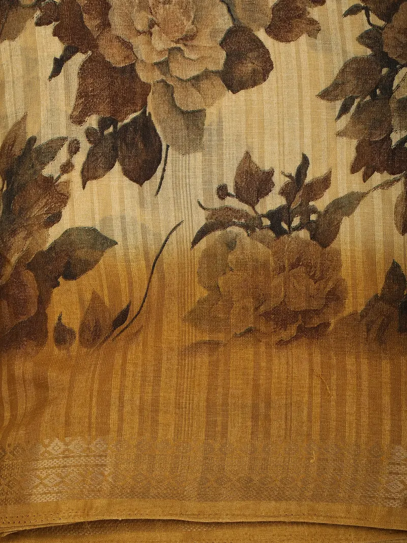 Warm Yellow Floral Printed Design Linen Cotton Casual Wear Saree 2