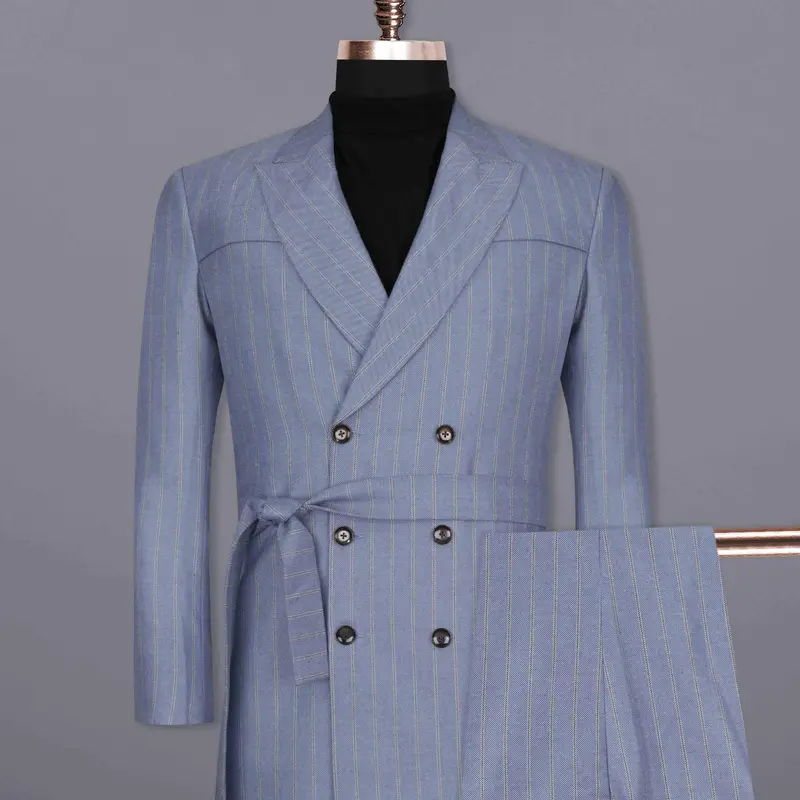 Waterloo Blue Striped Double Breasted Designer Overcoat With Pant 1