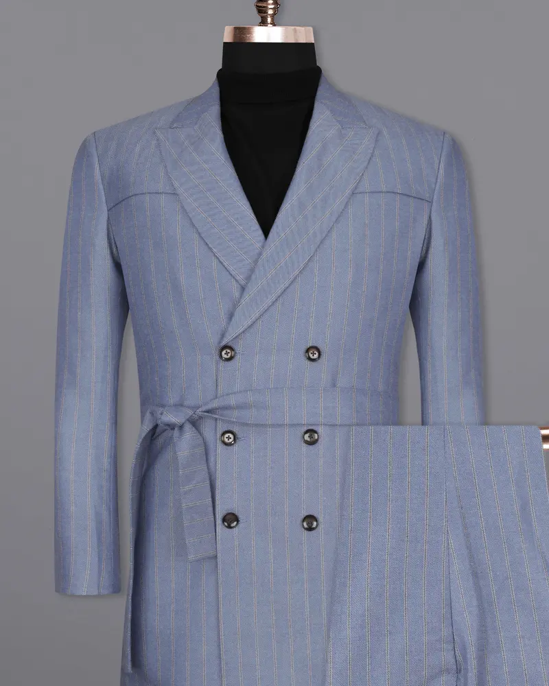Waterloo Blue Striped Double Breasted Designer Overcoat With Pant 2