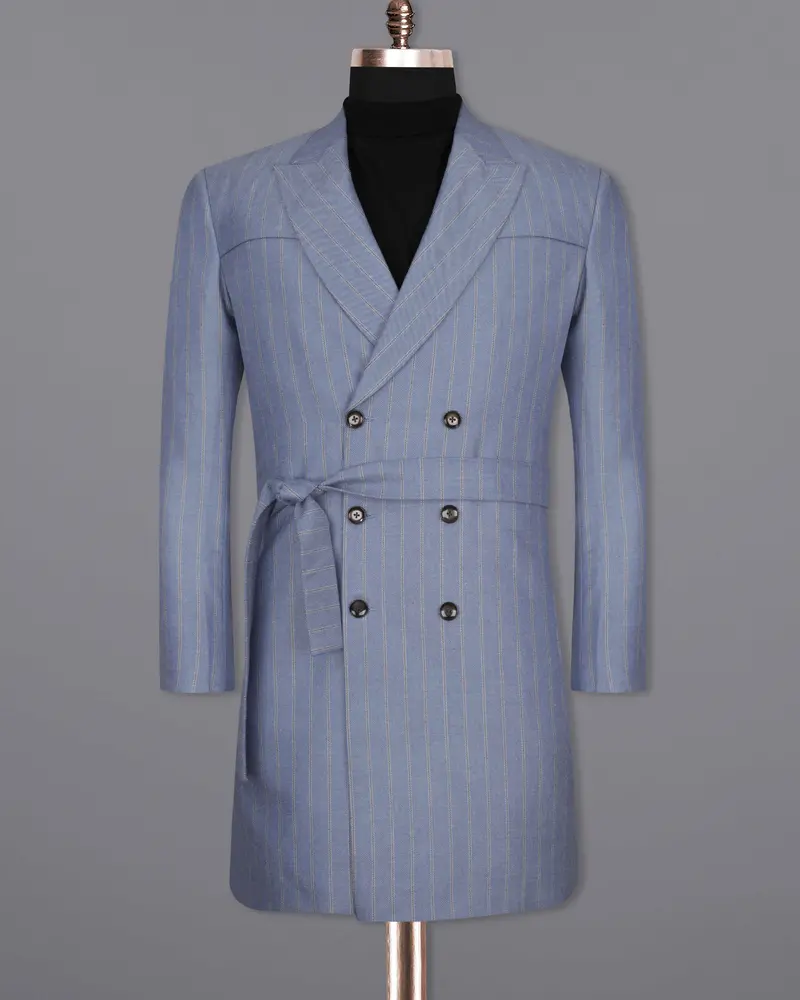 Waterloo Blue Striped Double Breasted Designer Overcoat With Pant 7