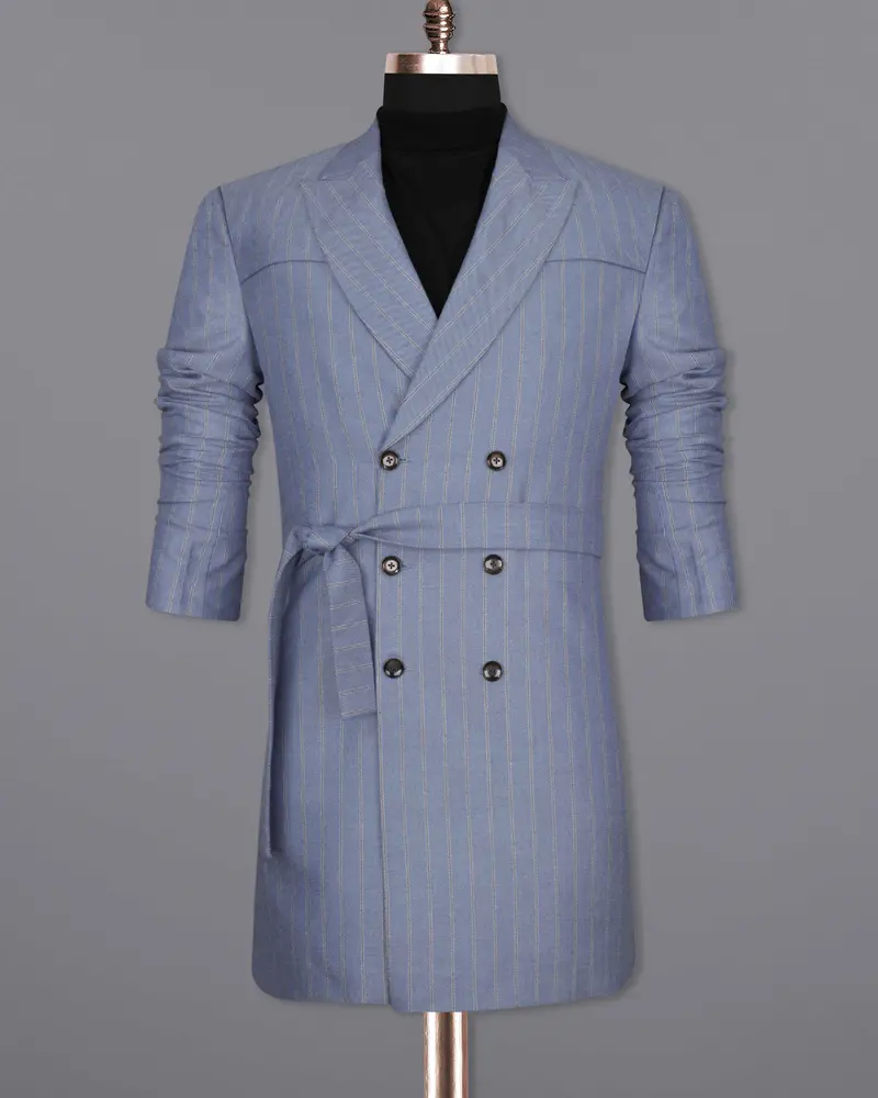 Waterloo Blue Striped Double Breasted Designer Overcoat With Pant 8