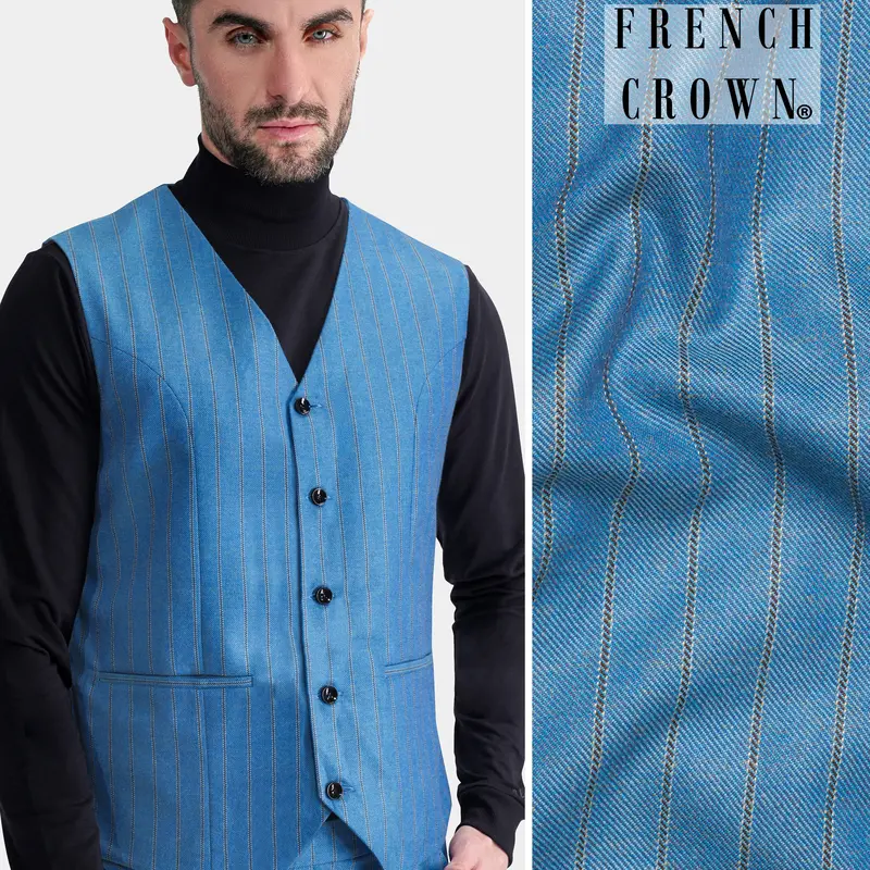 Wedgewood Blue Subtle Striped Tweed Waistcoat 1