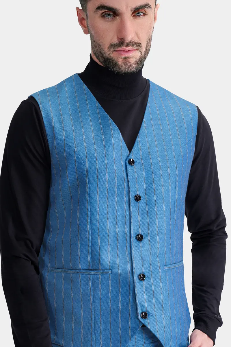 Wedgewood Blue Subtle Striped Tweed Waistcoat 2