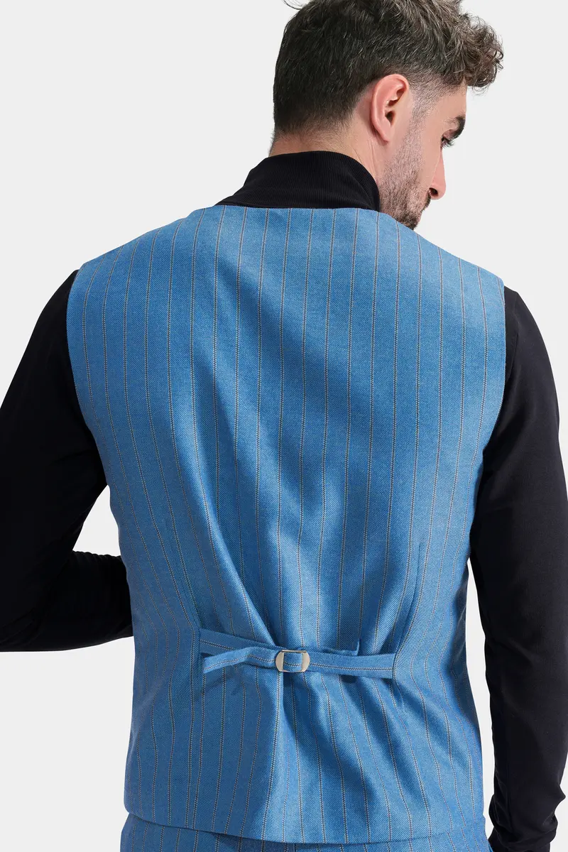Wedgewood Blue Subtle Striped Tweed Waistcoat 4