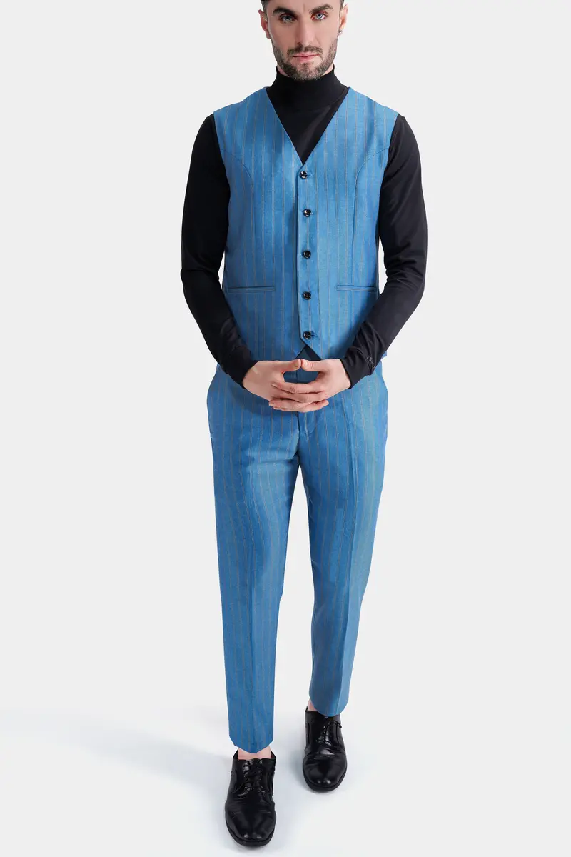 Wedgewood Blue Subtle Striped Tweed Waistcoat 5