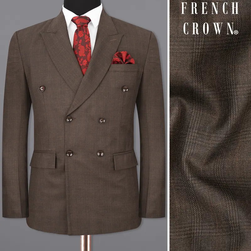 Wenge Brown Subtle Plaid Double Breasted Blazer 1