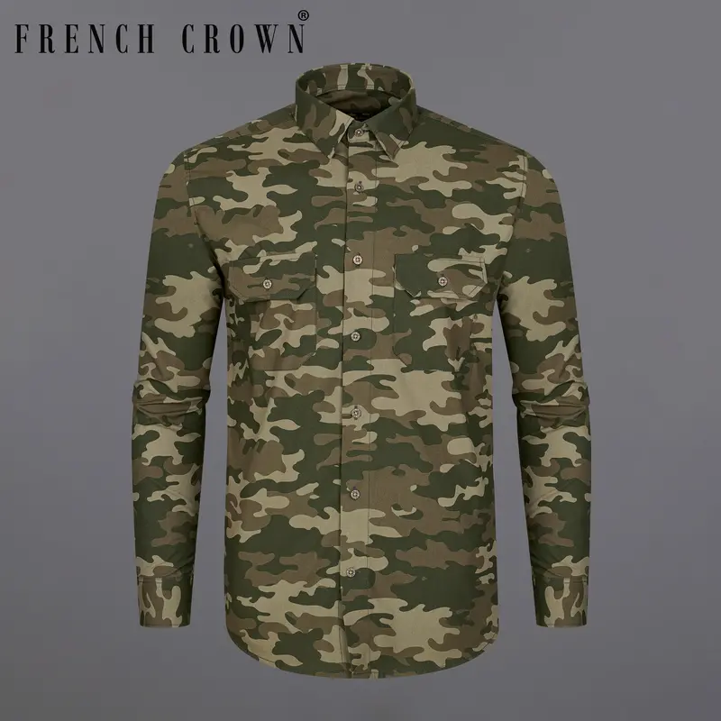Wenge Brown With Charcoal Green Camouflage Printed Royal Oxford Designer Shirt 1