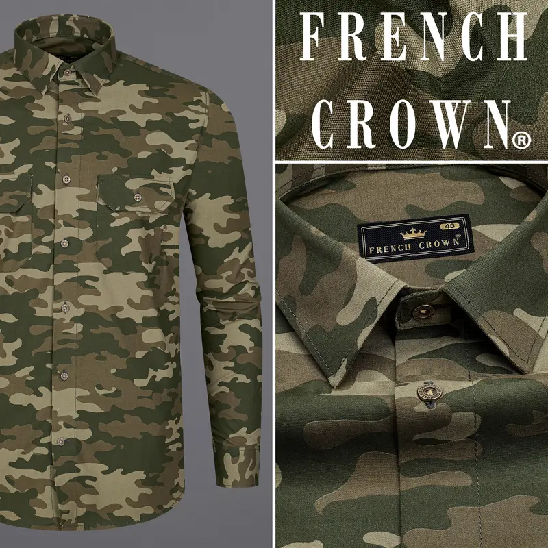 Wenge Brown With Charcoal Green Camouflage Printed Royal Oxford Designer Shirt 11