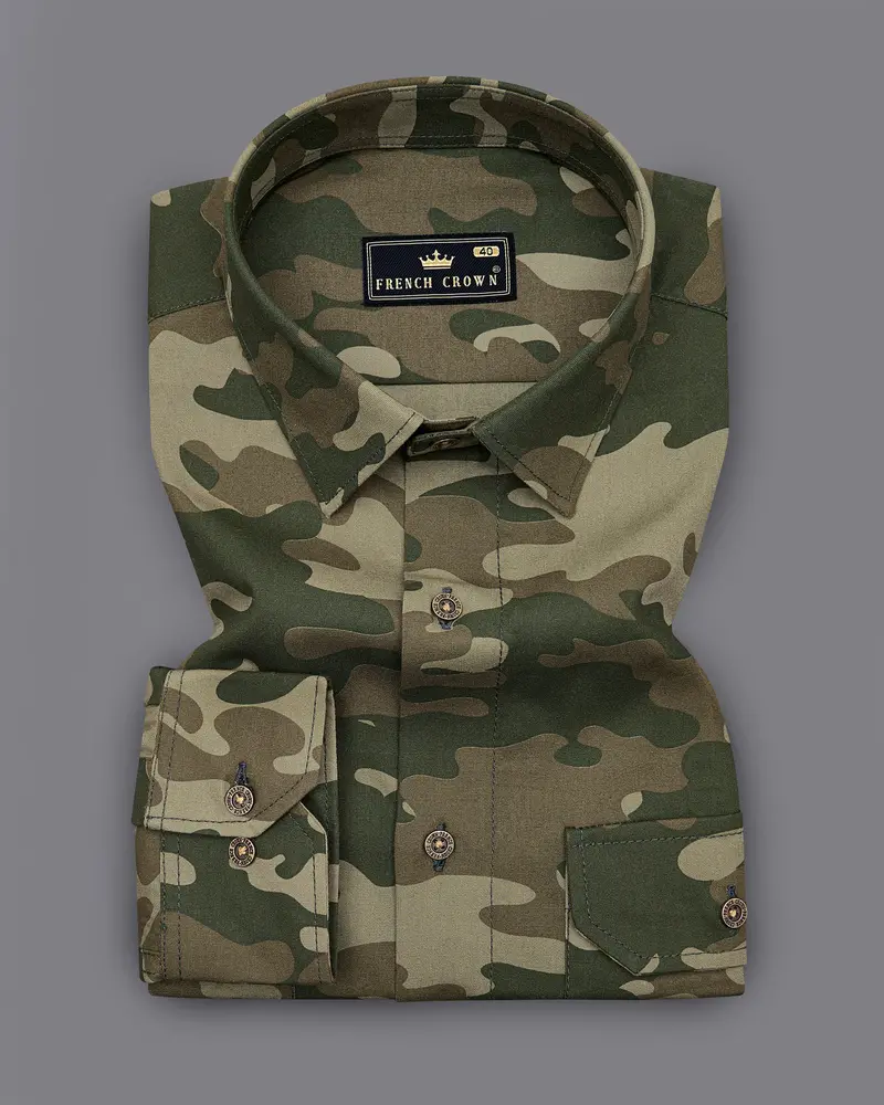 Wenge Brown With Charcoal Green Camouflage Printed Royal Oxford Designer Shirt 5