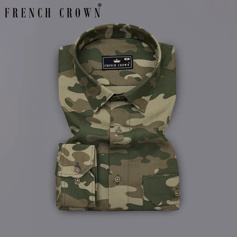 Wenge Brown With Charcoal Green Camouflage Printed Royal Oxford Designer Shirt 8