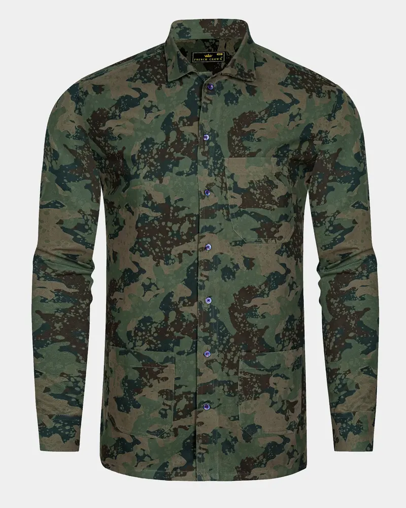 Wenge Brown With Lunar Green Camouflage Twill Premium Cotton Designer Shirt 1