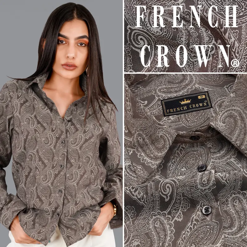 Wenge Brown With Turkey Cream Paisley Printed Premium Cotton Shirt 1