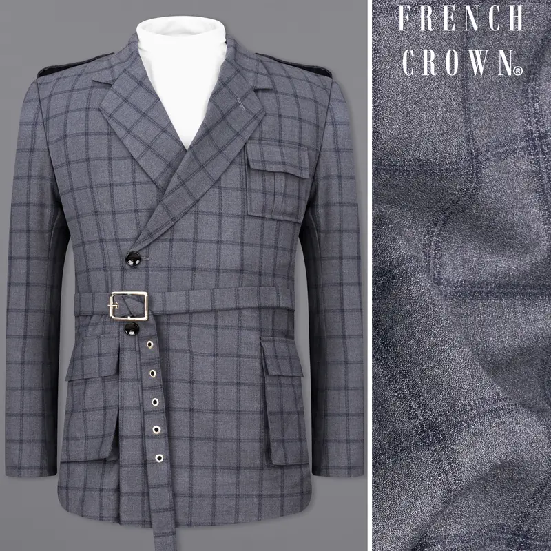 Wenge Gray Windowpane Double Breasted Designer Blazer With Belt Closure 1