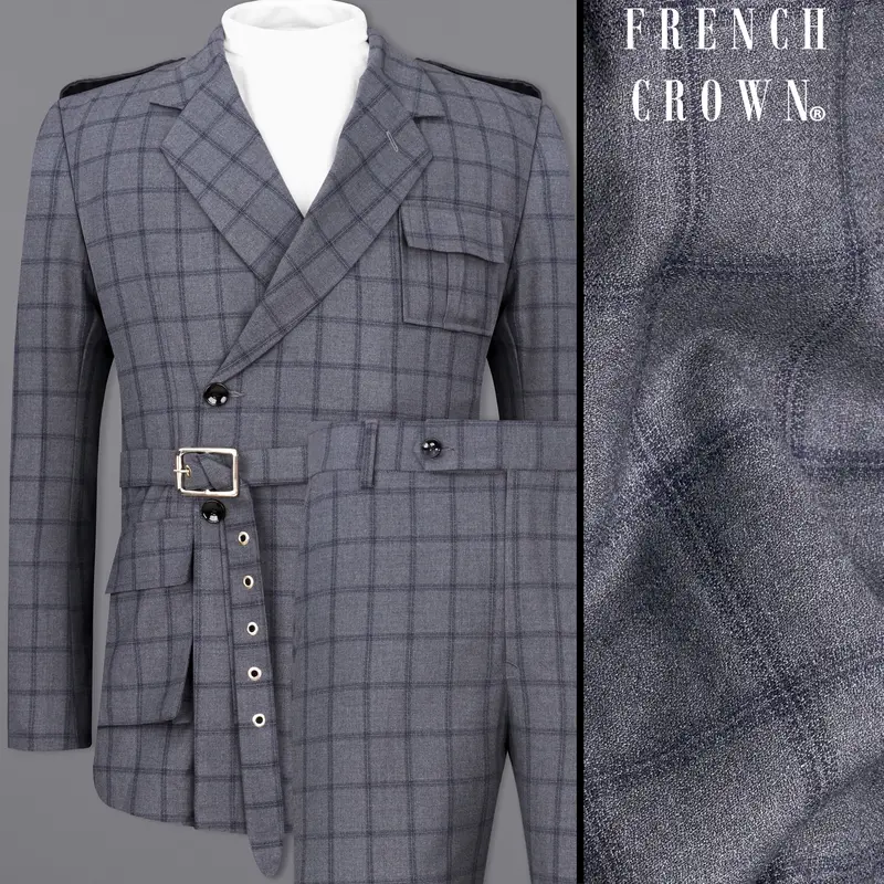 Wenge Gray Windowpane Double Breasted Designer Suit With Belt Closure 1