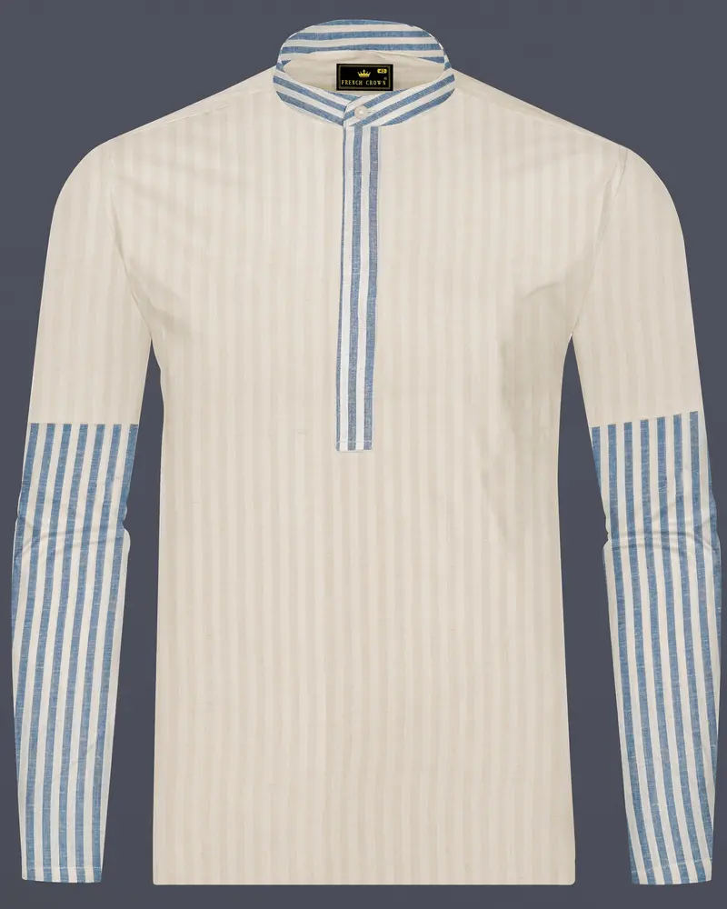 Wheatfield Beige And White Striped Luxurious Linen Designer Shirt 1