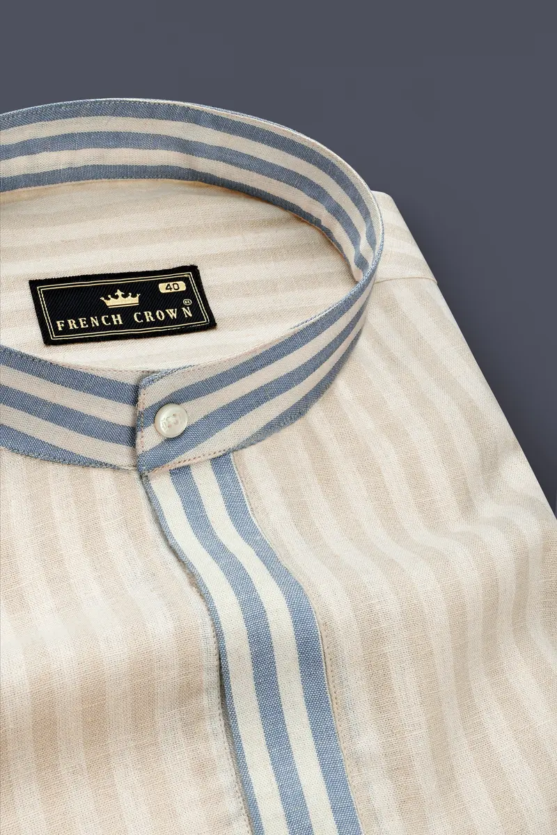 Wheatfield Beige And White Striped Luxurious Linen Designer Shirt 4