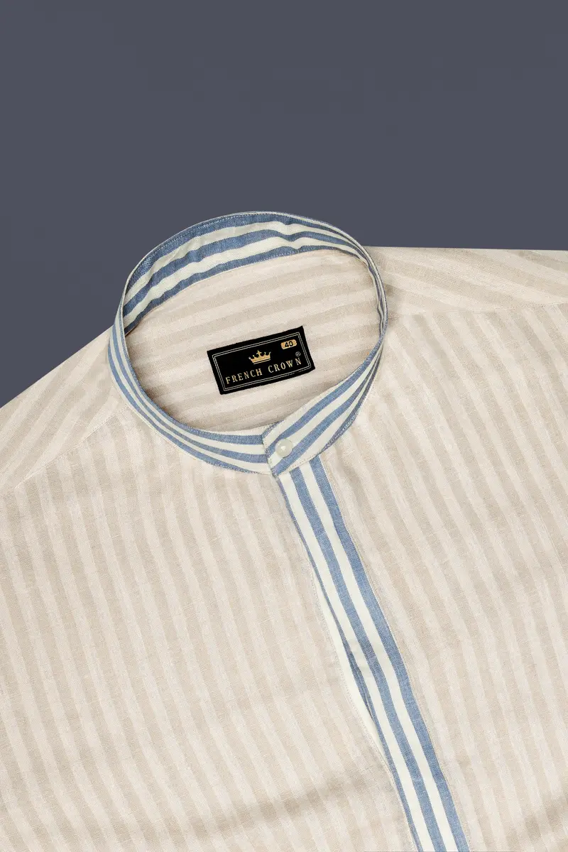 Wheatfield Beige And White Striped Luxurious Linen Designer Shirt 5