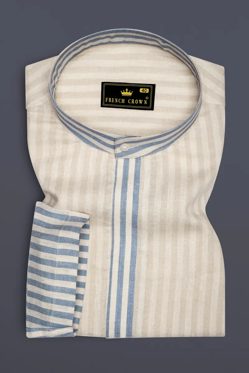 Wheatfield Beige And White Striped Luxurious Linen Designer Shirt 6