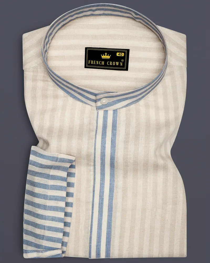 Wheatfield Beige And White Striped Luxurious Linen Designer Shirt 8