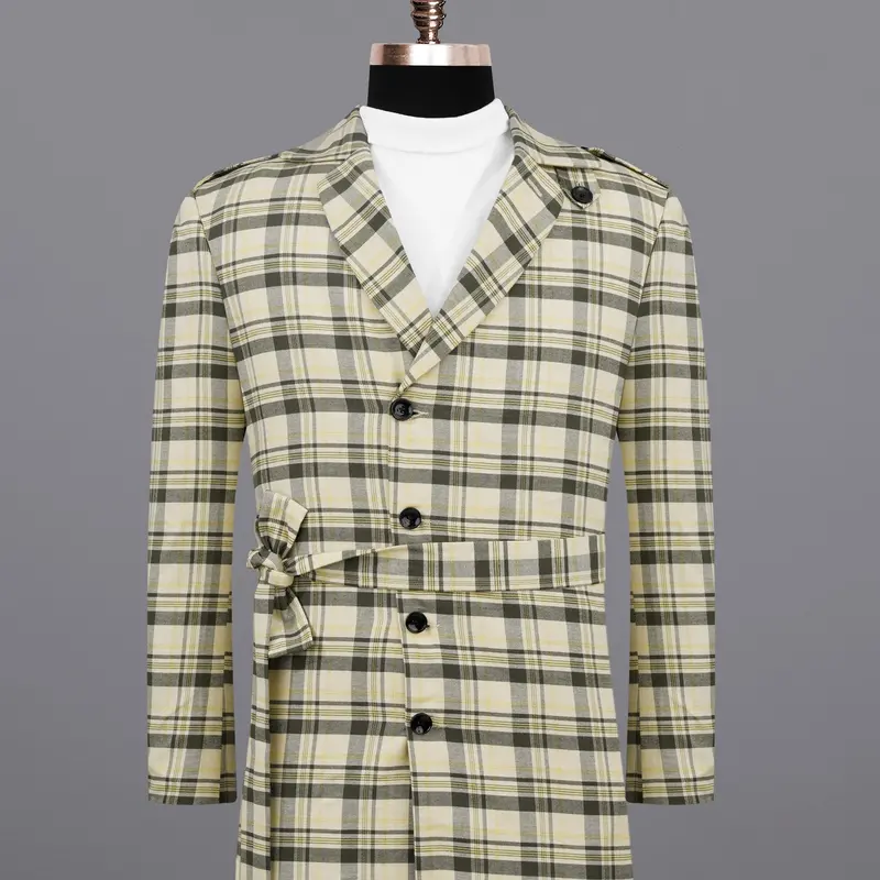 Wheatfield Cream With Taupe Green Plaid Premium Cotton With Belt Closure Designer Overcoat 1