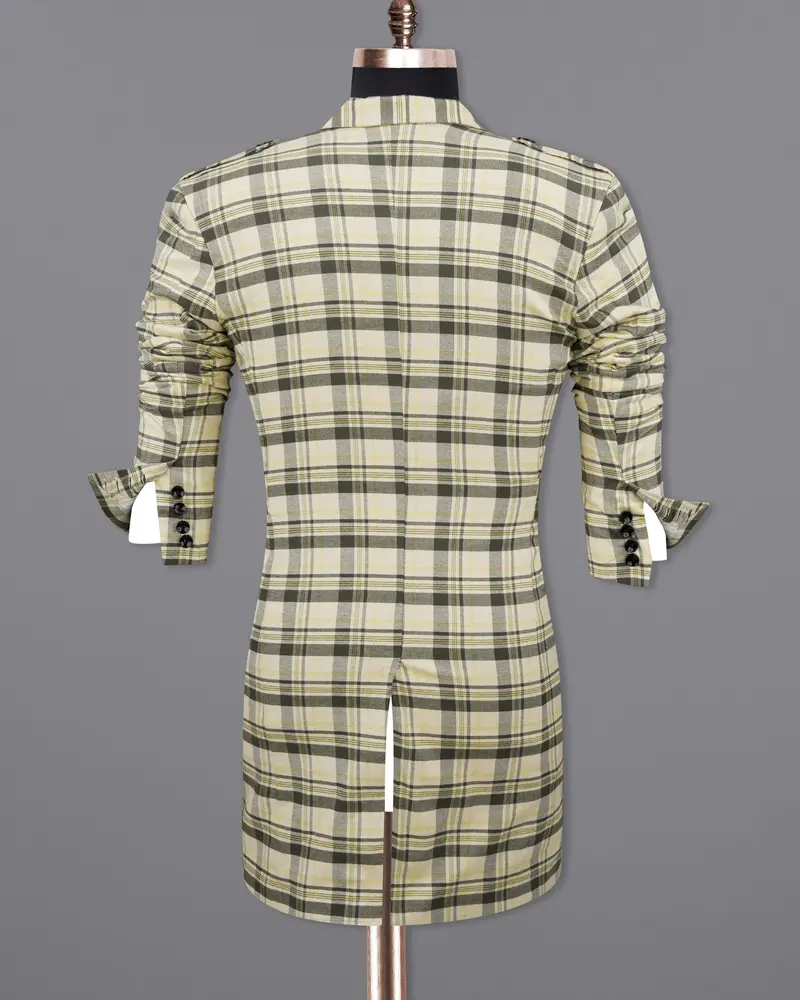 Wheatfield Cream With Taupe Green Plaid Premium Cotton With Belt Closure Designer Overcoat 10