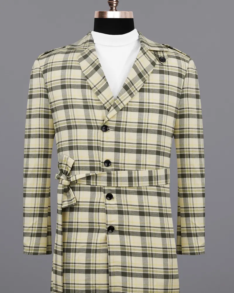 Wheatfield Cream With Taupe Green Plaid Premium Cotton With Belt Closure Designer Overcoat 2