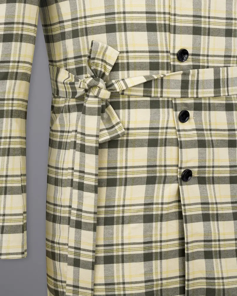 Wheatfield Cream With Taupe Green Plaid Premium Cotton With Belt Closure Designer Overcoat 5