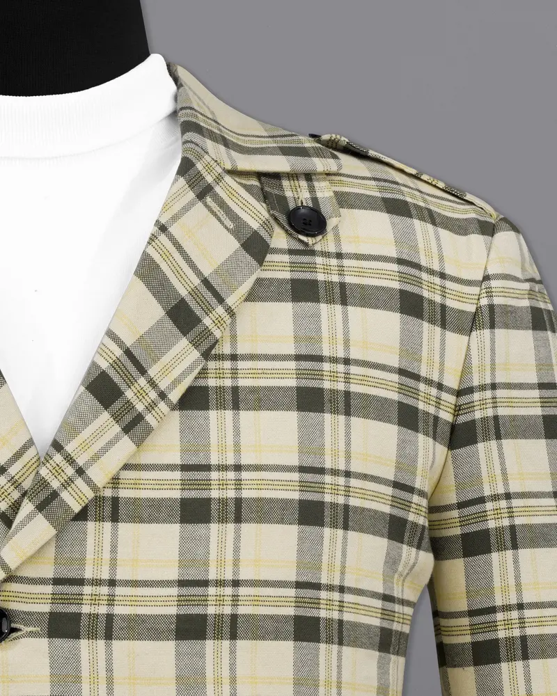 Wheatfield Cream With Taupe Green Plaid Premium Cotton With Belt Closure Designer Overcoat 6