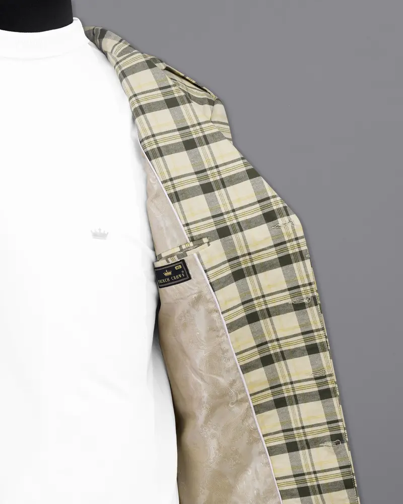 Wheatfield Cream With Taupe Green Plaid Premium Cotton With Belt Closure Designer Overcoat 7