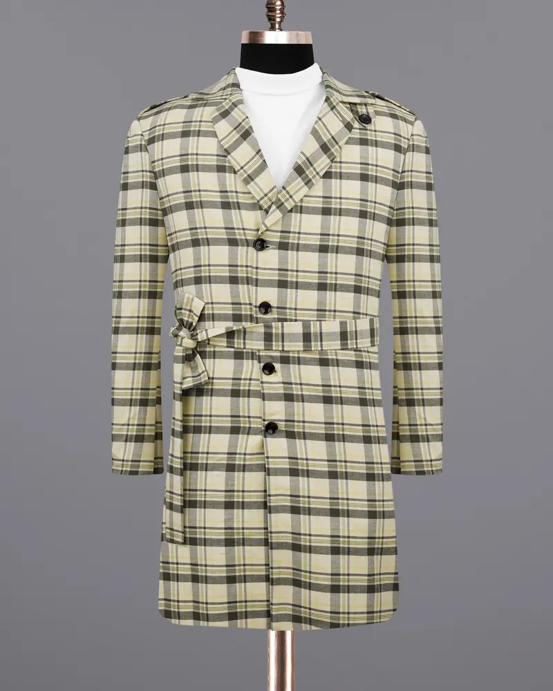Wheatfield Cream With Taupe Green Plaid Premium Cotton With Belt Closure Designer Overcoat 8