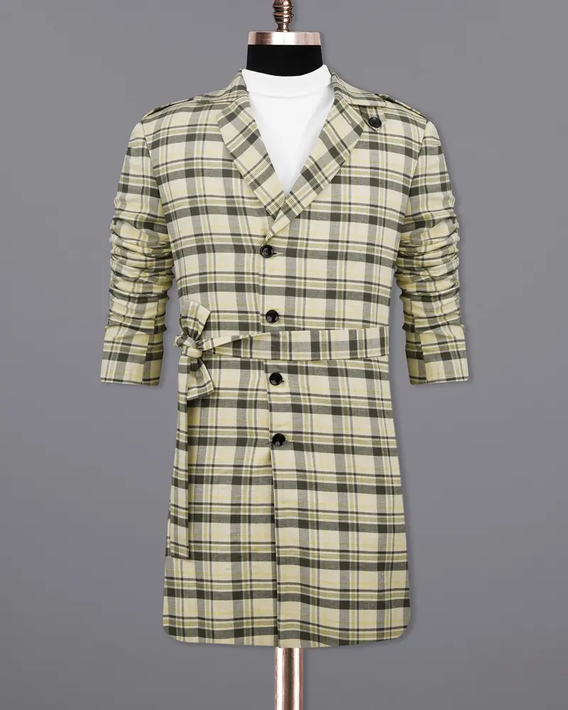 Wheatfield Cream With Taupe Green Plaid Premium Cotton With Belt Closure Designer Overcoat 9