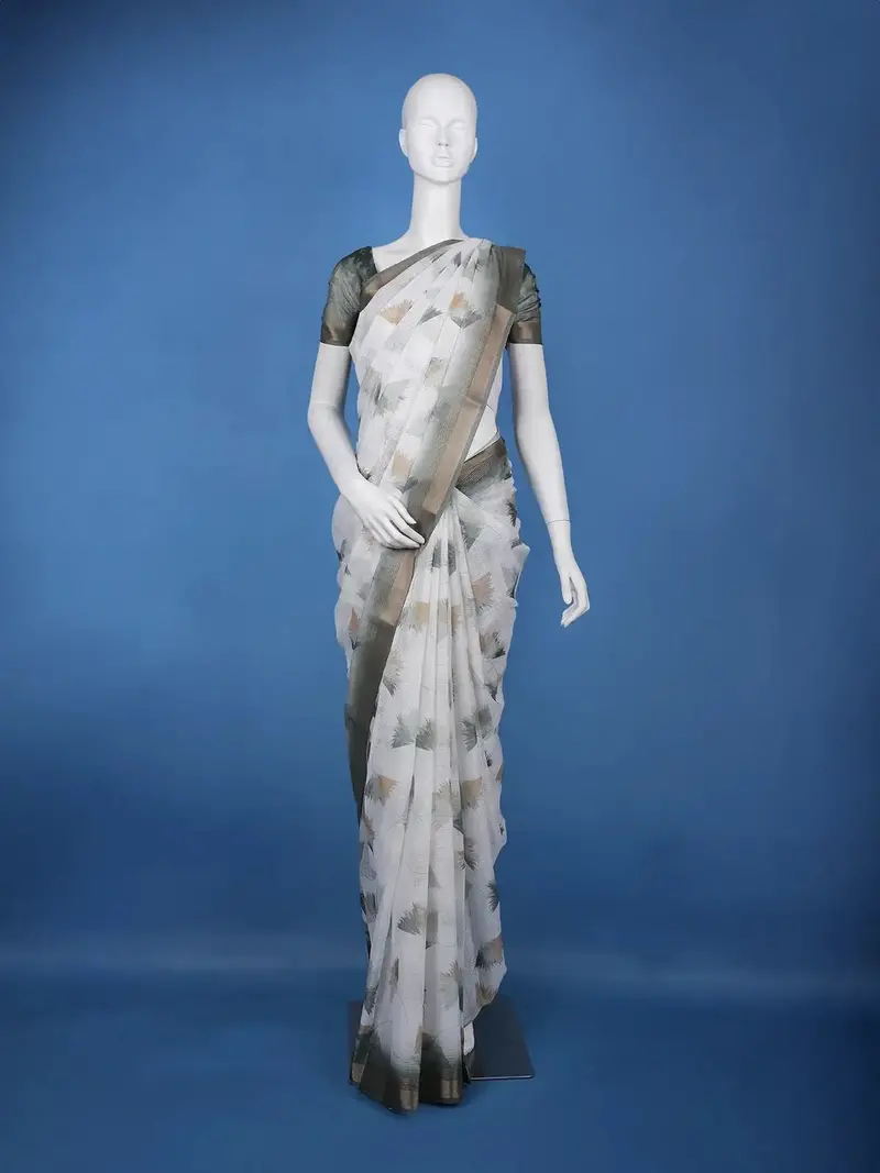 White Abstract Printed Chiffon Saree 1
