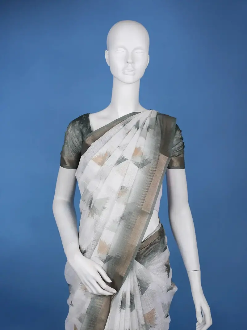 White Abstract Printed Chiffon Saree 2