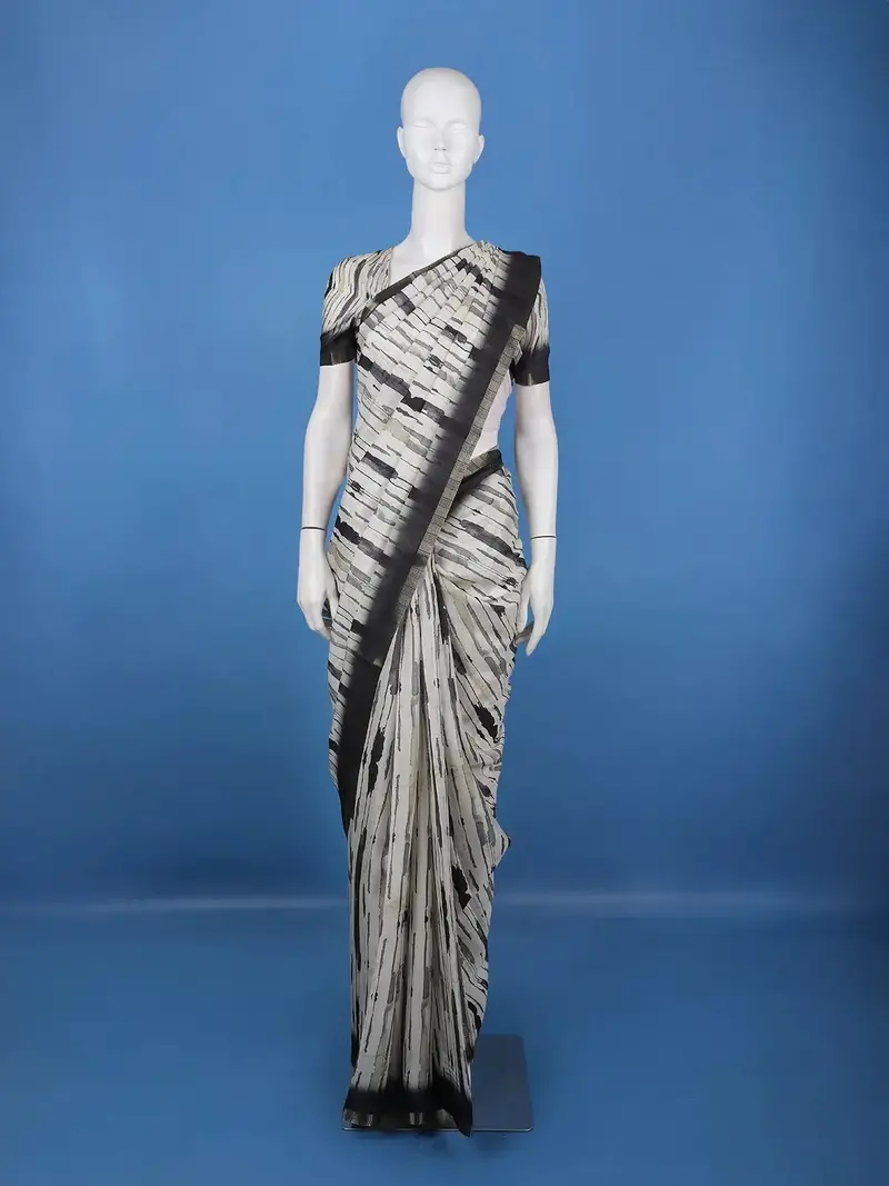 White Abstract Printed Semi Tussar Saree With Contrast Border 1