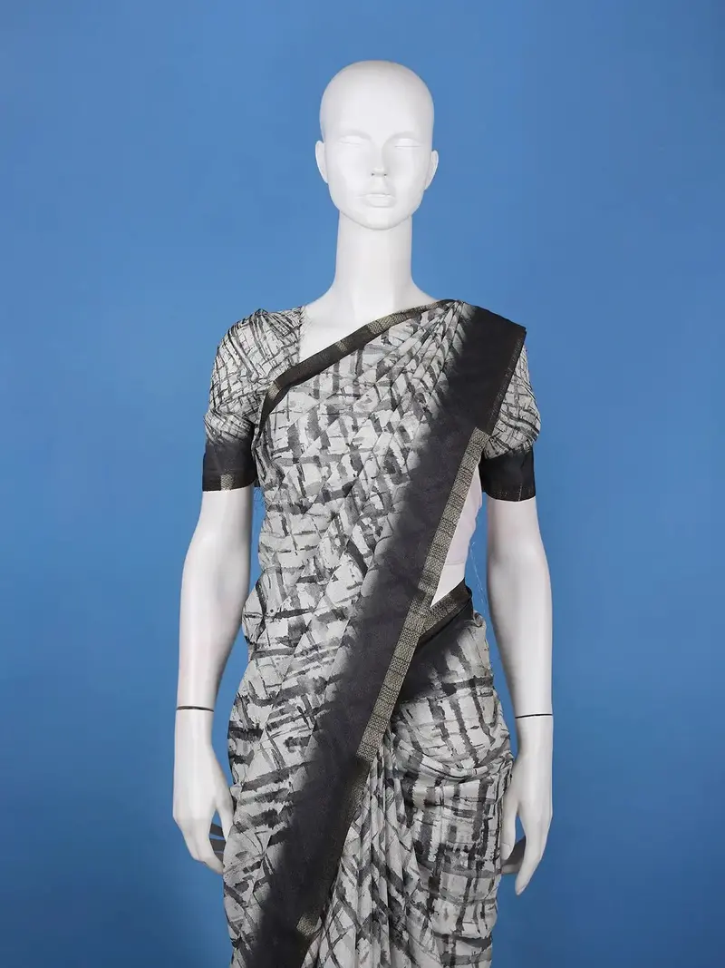 White Abstract Printed Semi Tussar Saree With Contrast Border 2