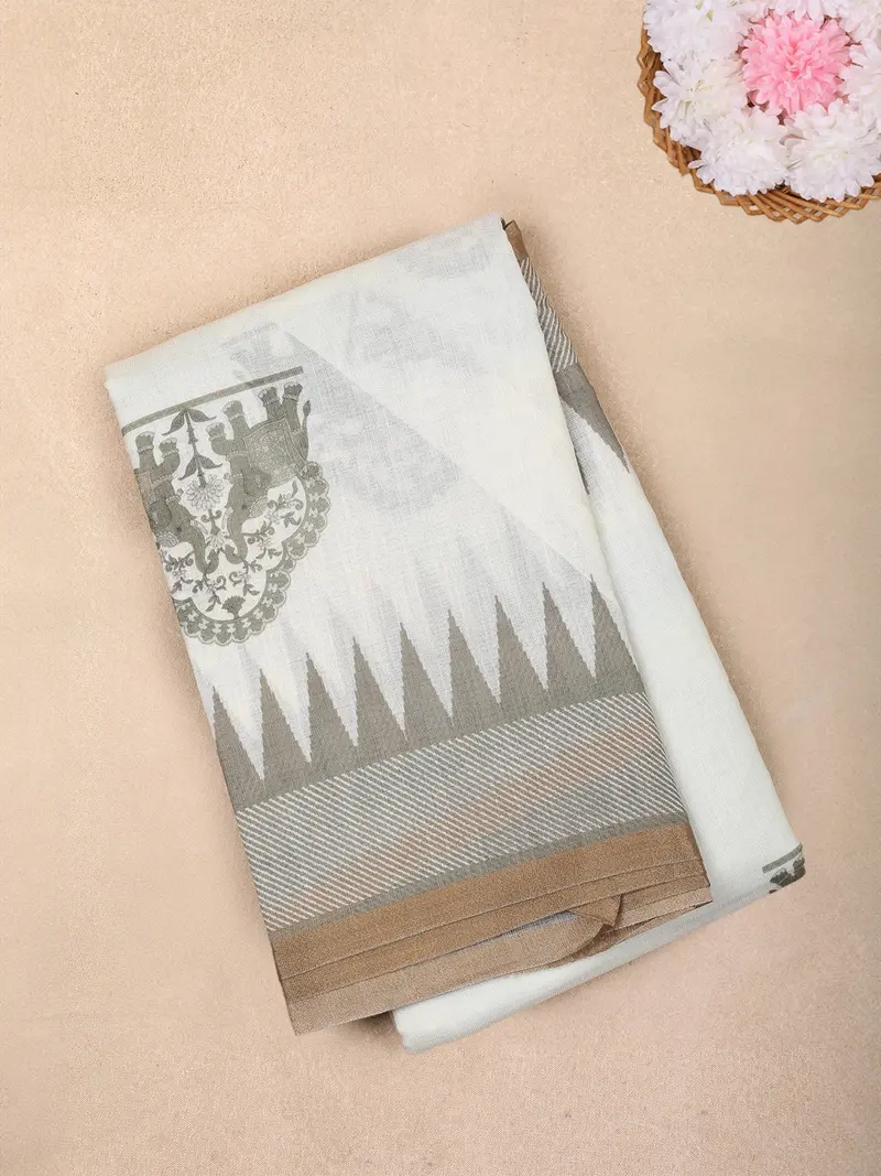 White And Beige Elephant Printed Design Linen Cotton Saree With Contrast Woven Border 1