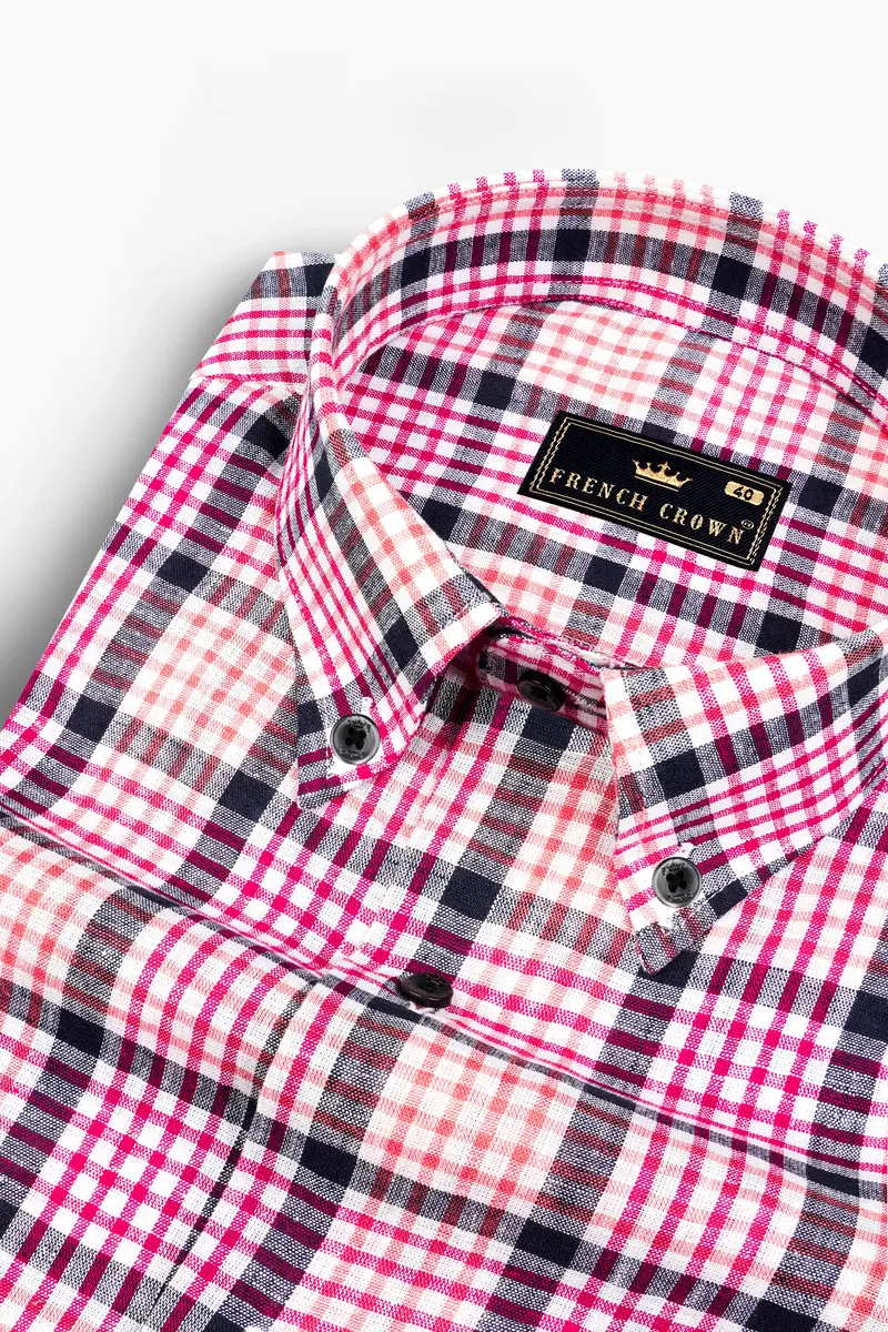 White And Bittersweet Peach Multicolour Plaid Luxurious Linen Shirt 1