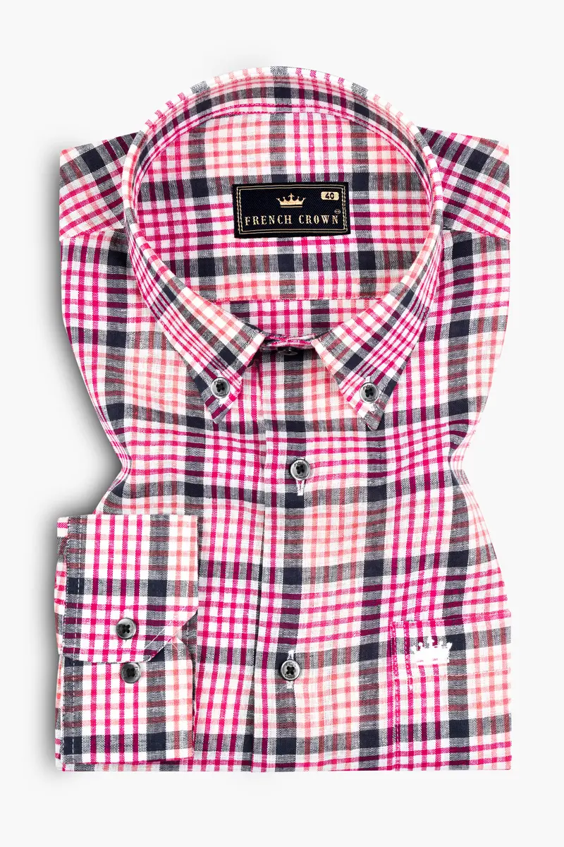 White And Bittersweet Peach Multicolour Plaid Luxurious Linen Shirt 3