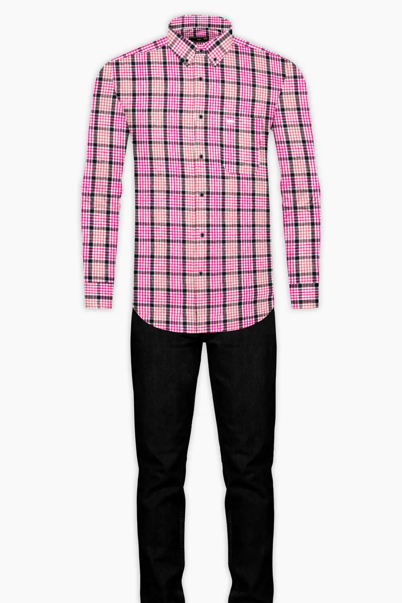 White And Bittersweet Peach Multicolour Plaid Luxurious Linen Shirt 6