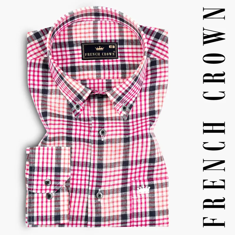 White And Bittersweet Peach Multicolour Plaid Luxurious Linen Shirt 7